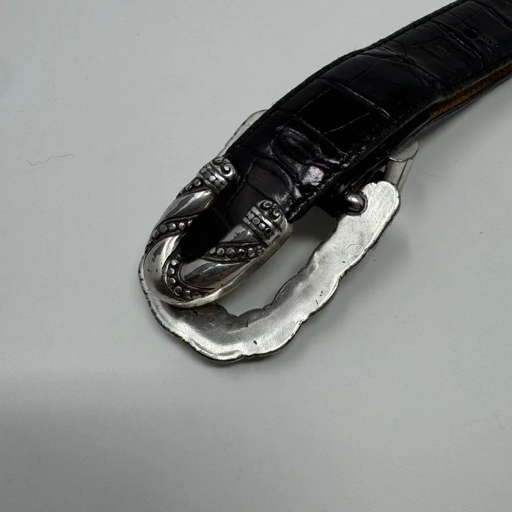 Vintage Brighton 44503 Leather Black Croc Embossed Silver Buckle‎ Belt Women's L